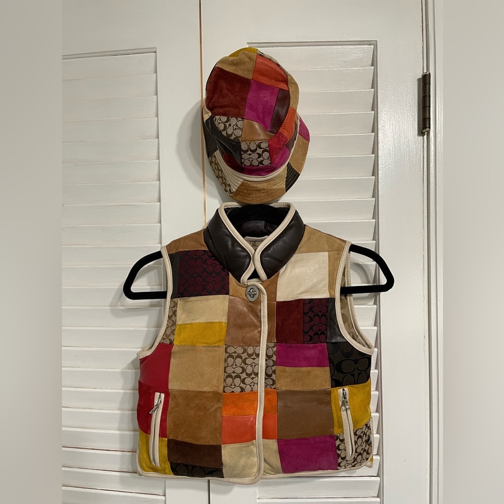 Coach Kids Down Leather Suede Signature Patchwork Vest & Hat, smSz:S